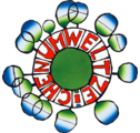 Rundes Logo mit dem Wort „Umweltzeichen“ in roten und weißen Buchstaben um einen zentralen grünen Bereich, umgeben von einem Ring aus grünen und blauen Farbverlaufssegmenten.